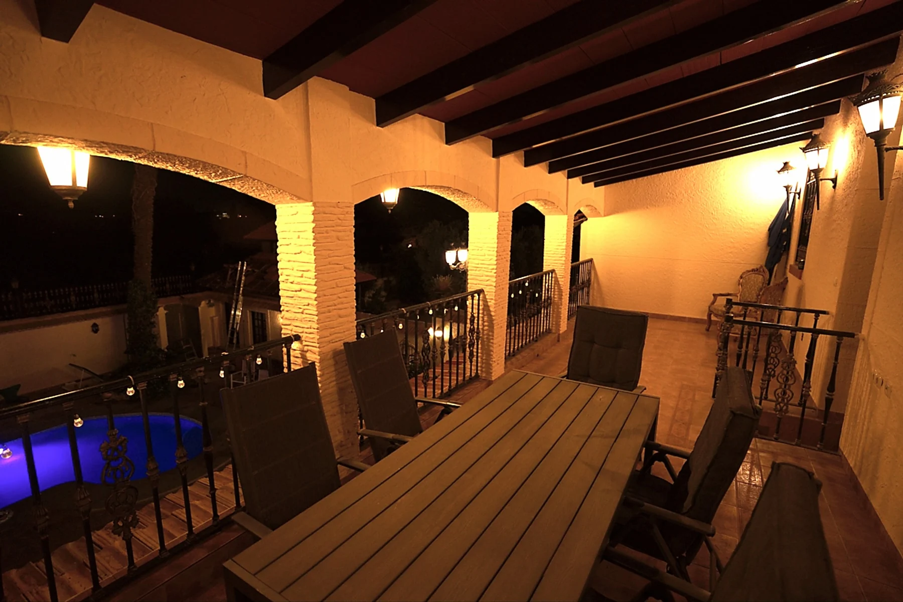 Covered terrace at night